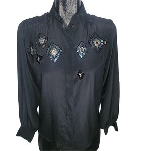 Jardin Black Embellished Chic Button-Up Blouse 3/4